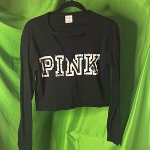 VSX Pink Black w "PINK" in Tie-Dye, Lace Up Vneck, L Slv, Crop Top S